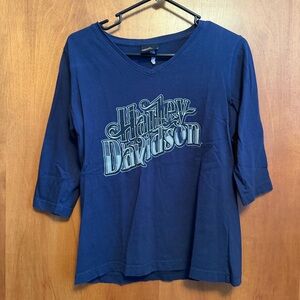 Harley Davidson 3/4 Sleeve Navy Shirt Vneck Small